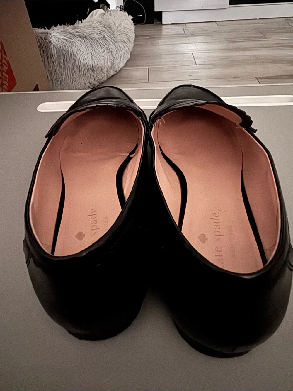 kate spade black scalloped leather penny loafers